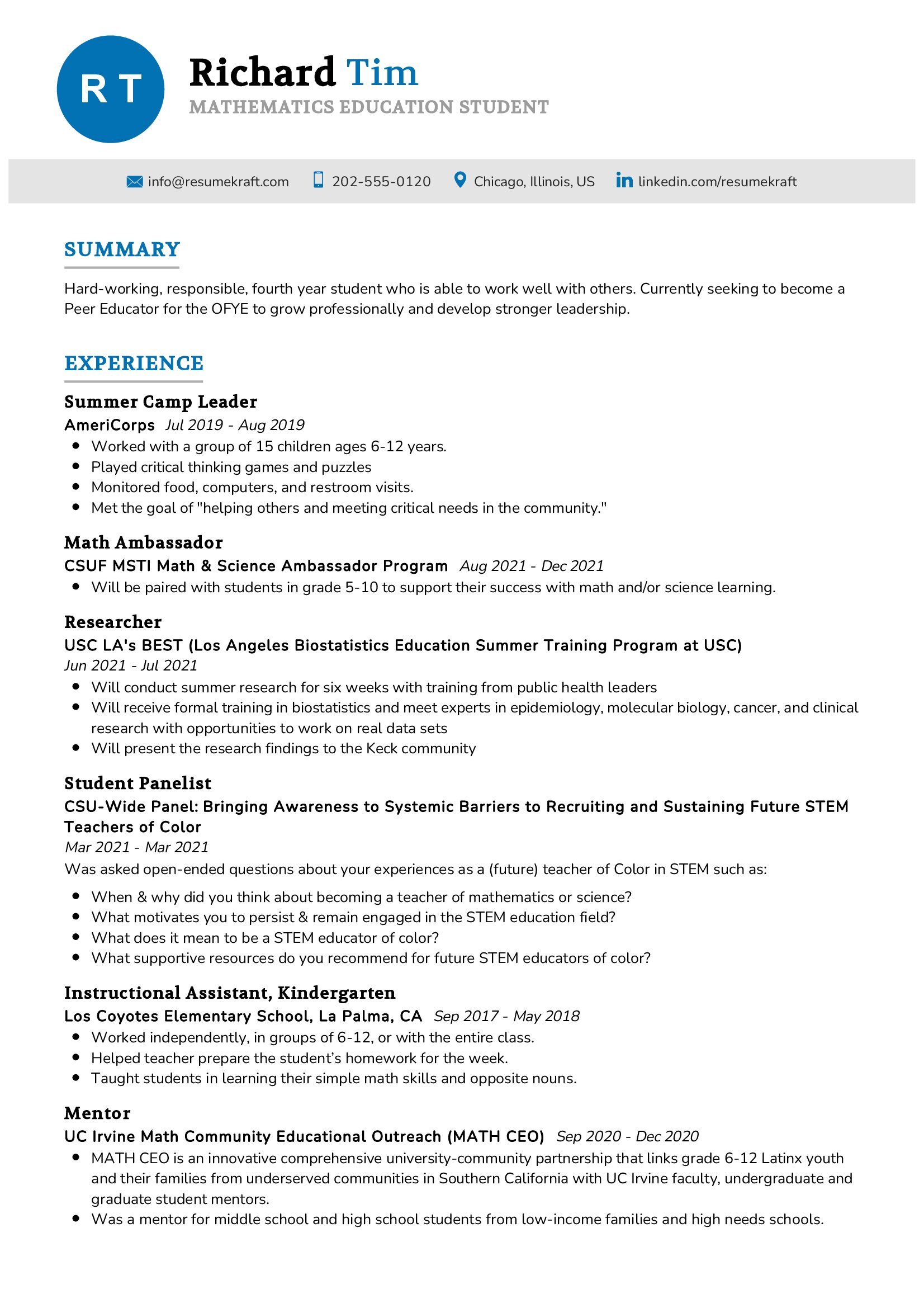 Mathematics Education Student Resume Sample in 2024 - ResumeKraft