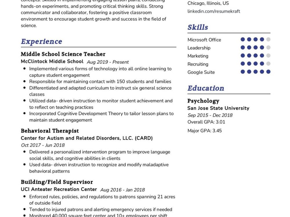 Middle School Science Teacher Resume Sample