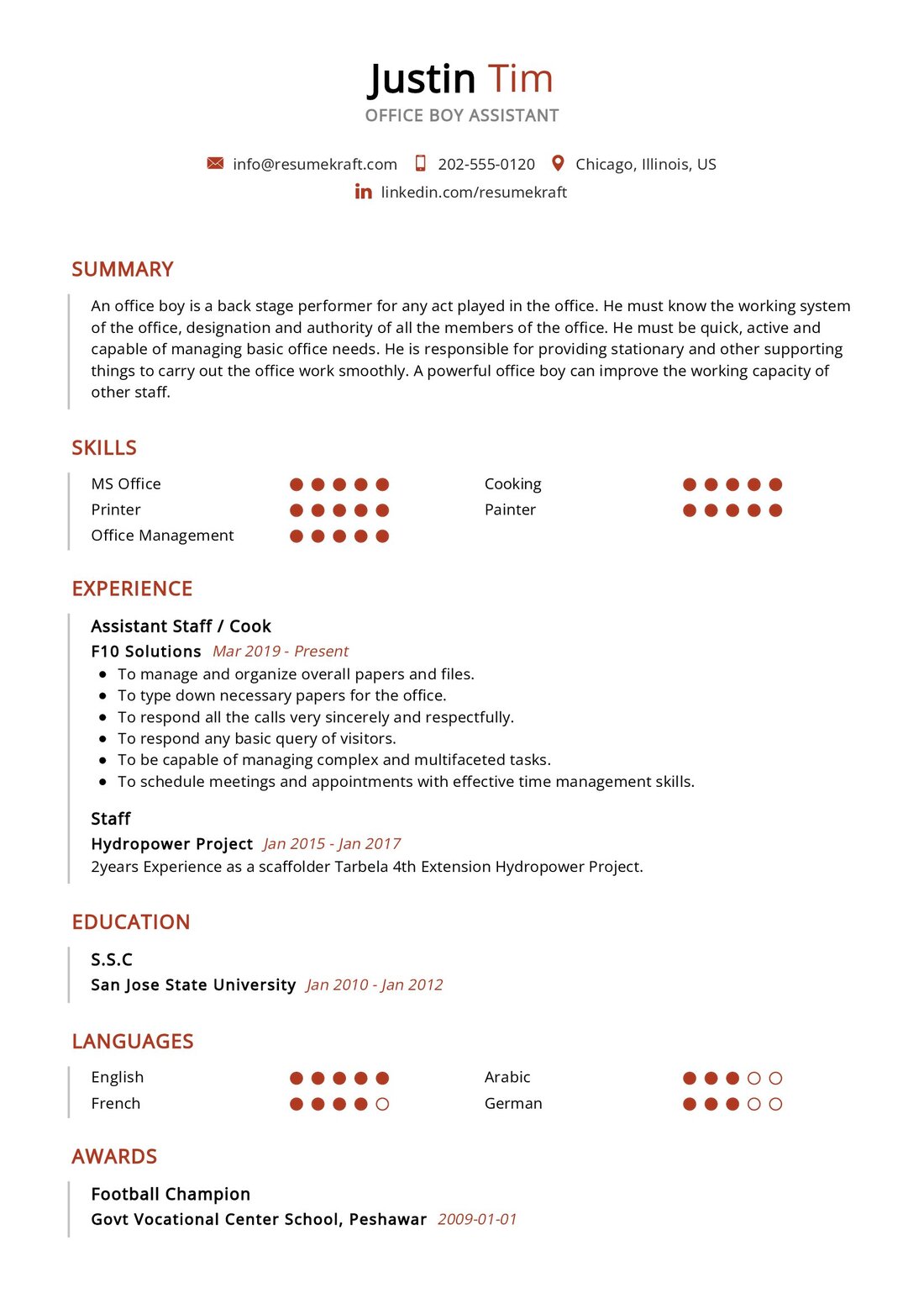 simple resume format for office boy