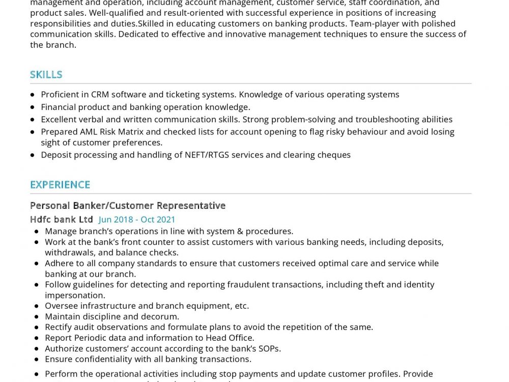 Personal Banker Resume Sample