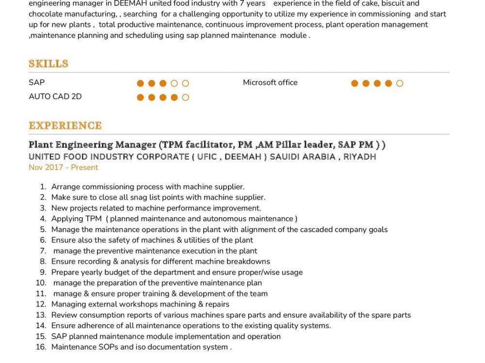 Plant Engineering CV Example