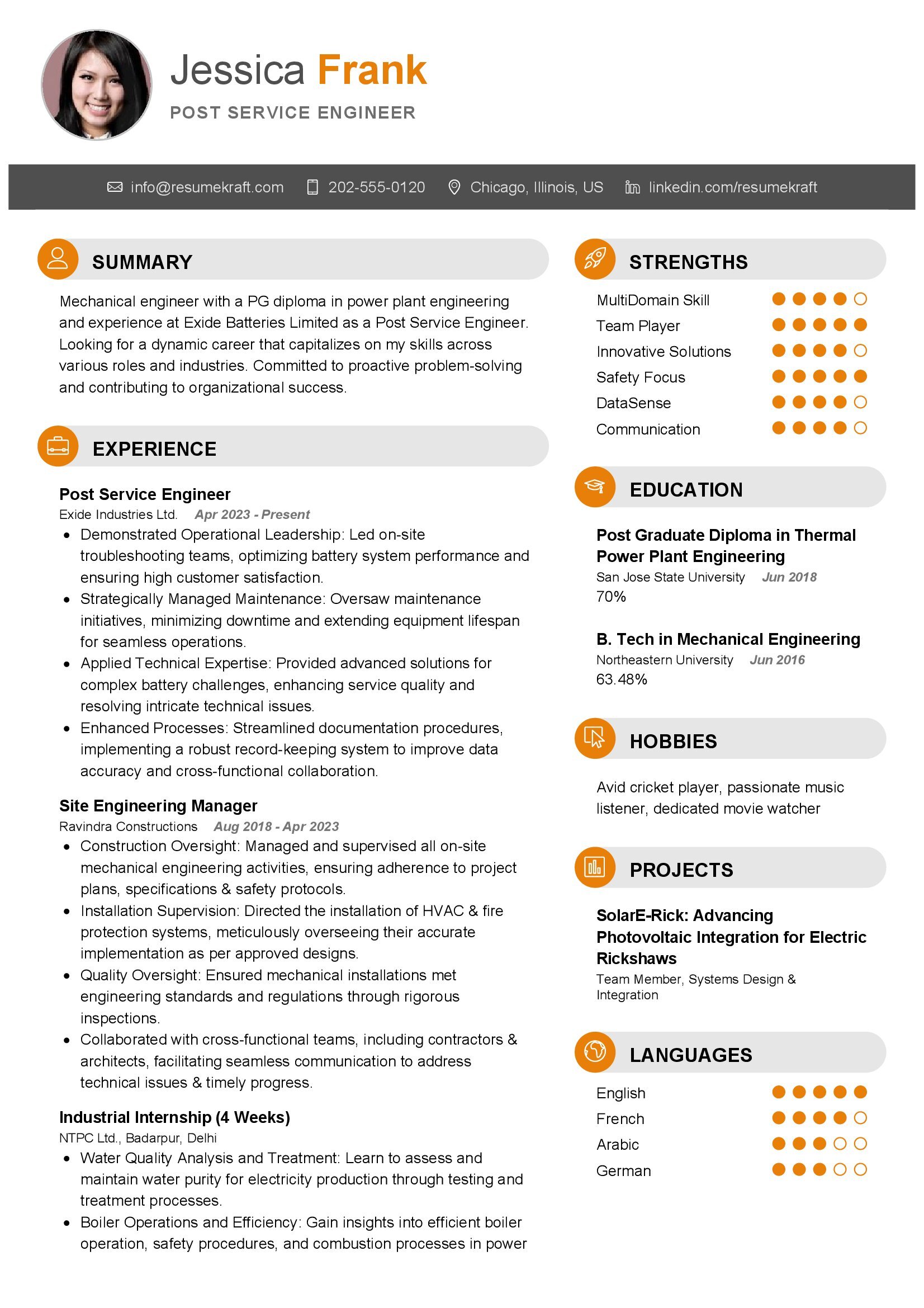 Post Service Engineer Resume Example in 2024 - ResumeKraft