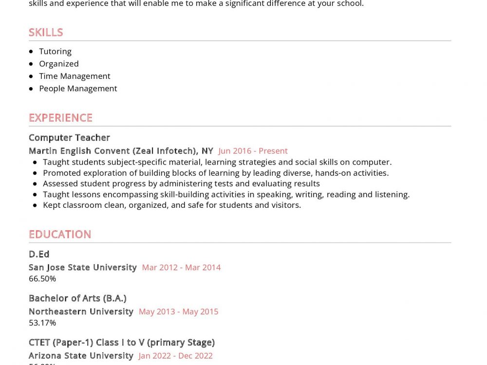 Primary Teacher Resume Sample