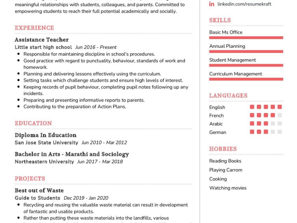 Primary and Secondary Teacher Resume Sample