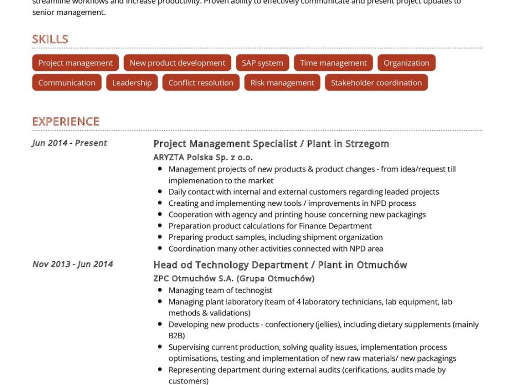 Project Management Specialist Resume Example