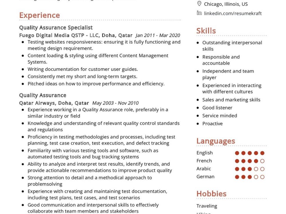 Quality Assurance Specialist CV Sample in 2024 - ResumeKraft