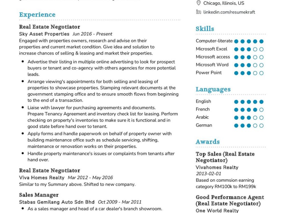Real Estate Negotiator CV Sample