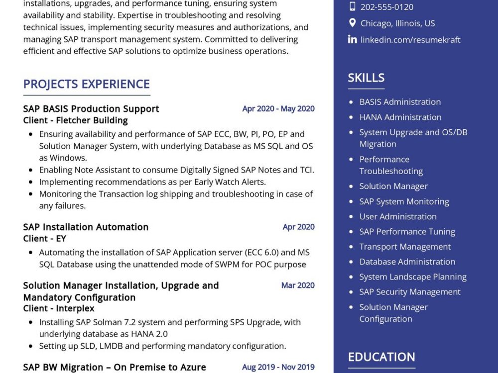 SAP Basis Administration CV Sample