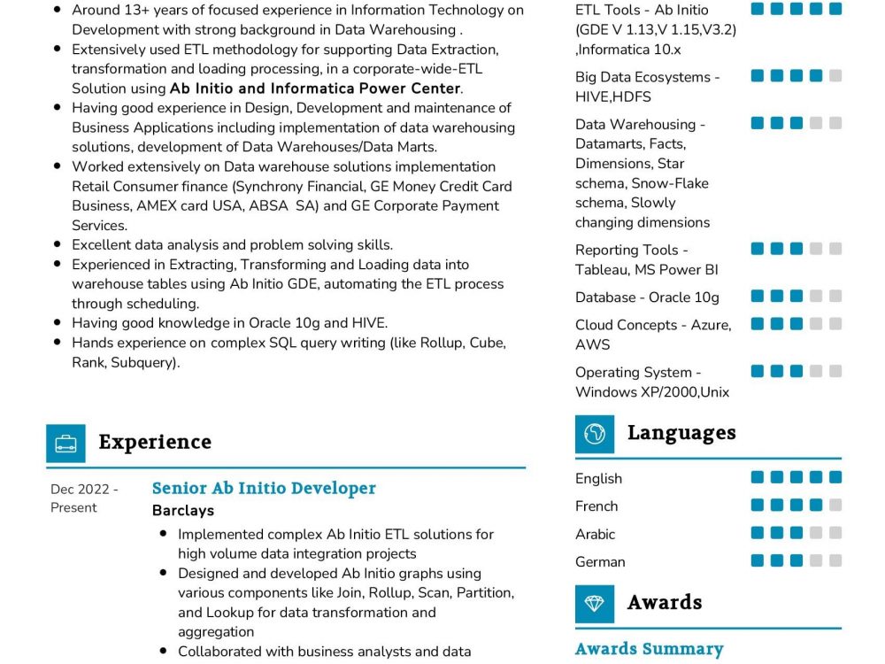 Senior Ab Initio Developer Resume Sample