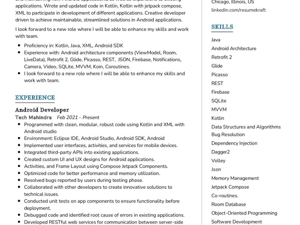 Senior Android Developer Resume Example