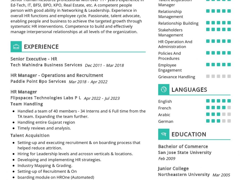 Senior Human Resource professional Resume Example