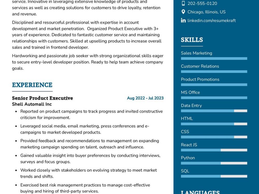 Senior Product Executive Resume Sample