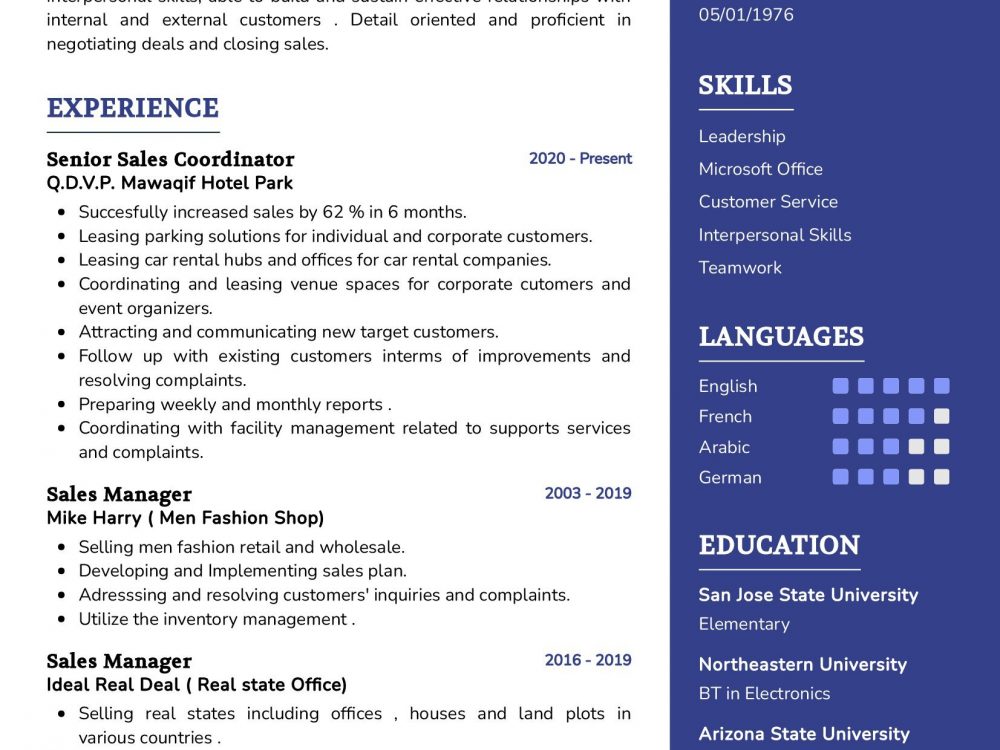 Senior Sales Coordinator Resume Example
