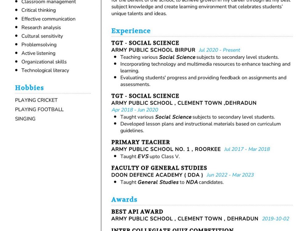 Social Science Teacher Resume Sample