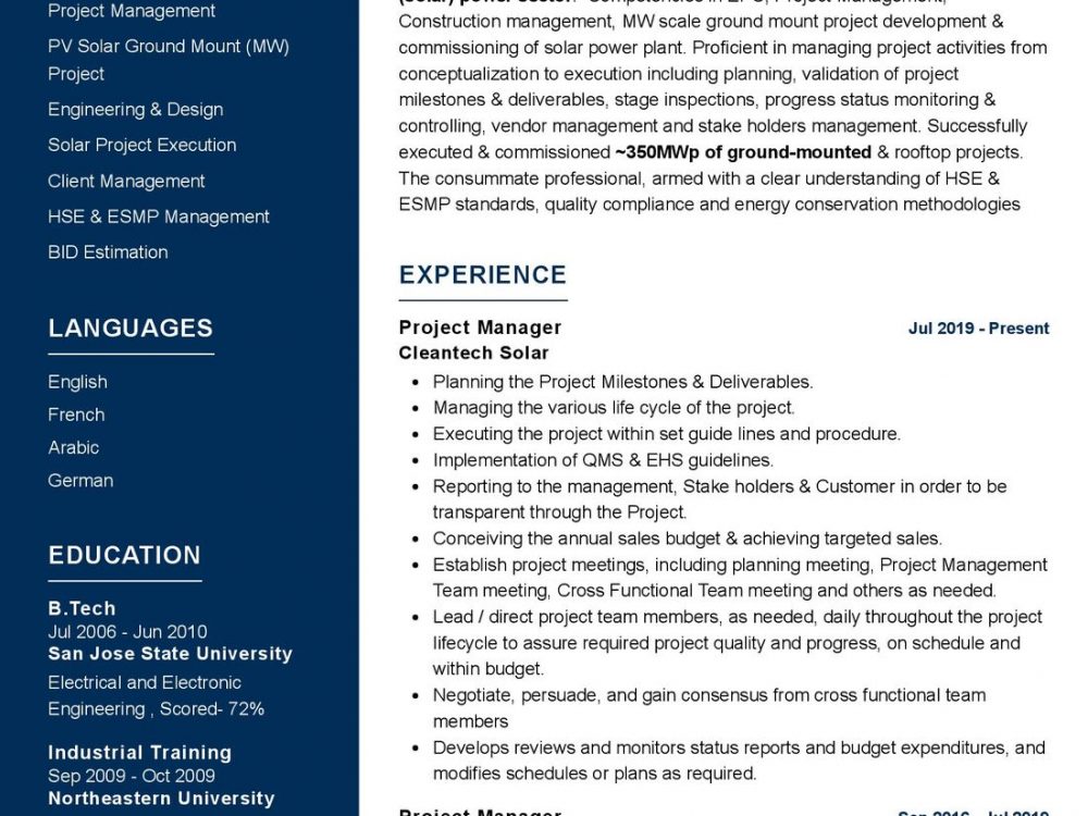 Solar Project Manager CV Sample