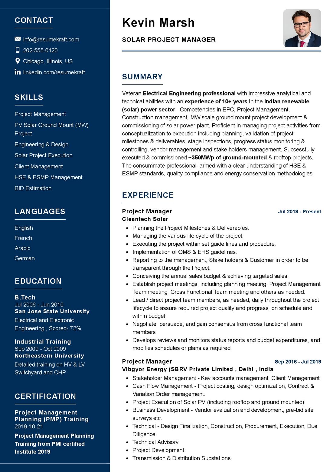 solar project manager resume sample