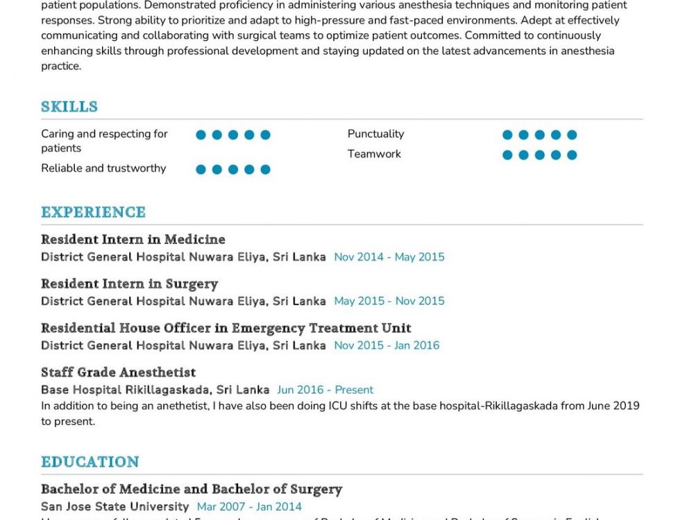 Staff Grade Anesthetist Resume Example