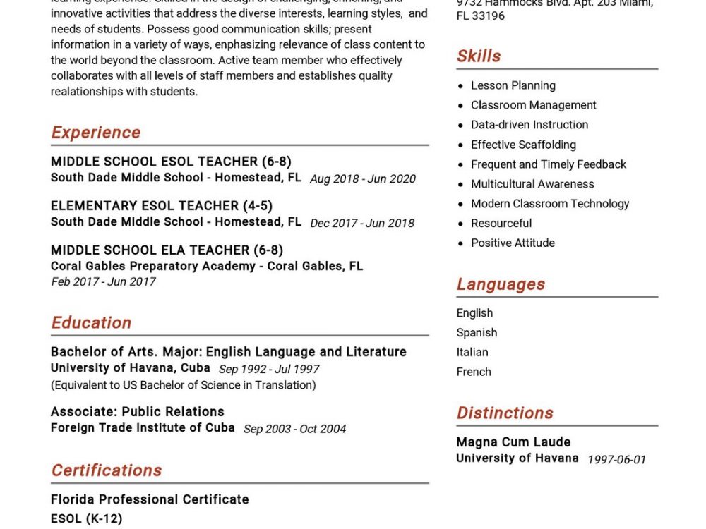 Teacher Resume Sample