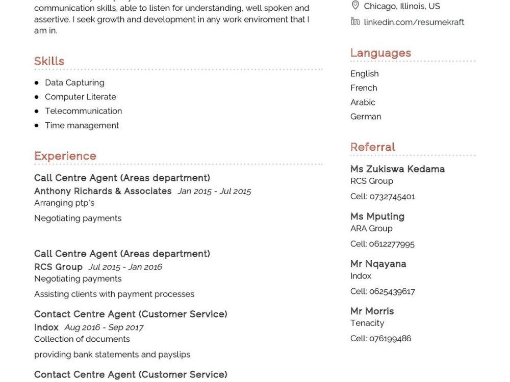 Telecommunications Agent CV Example