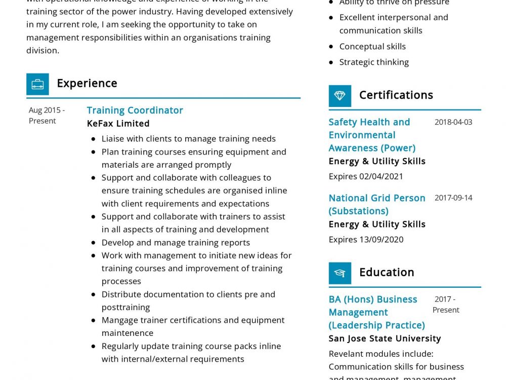 Training Coordinator Resume Example