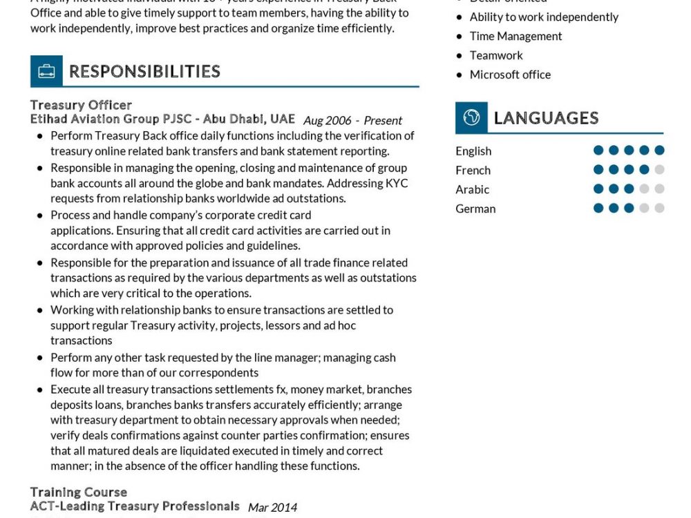 Treasury Officer Resume Example