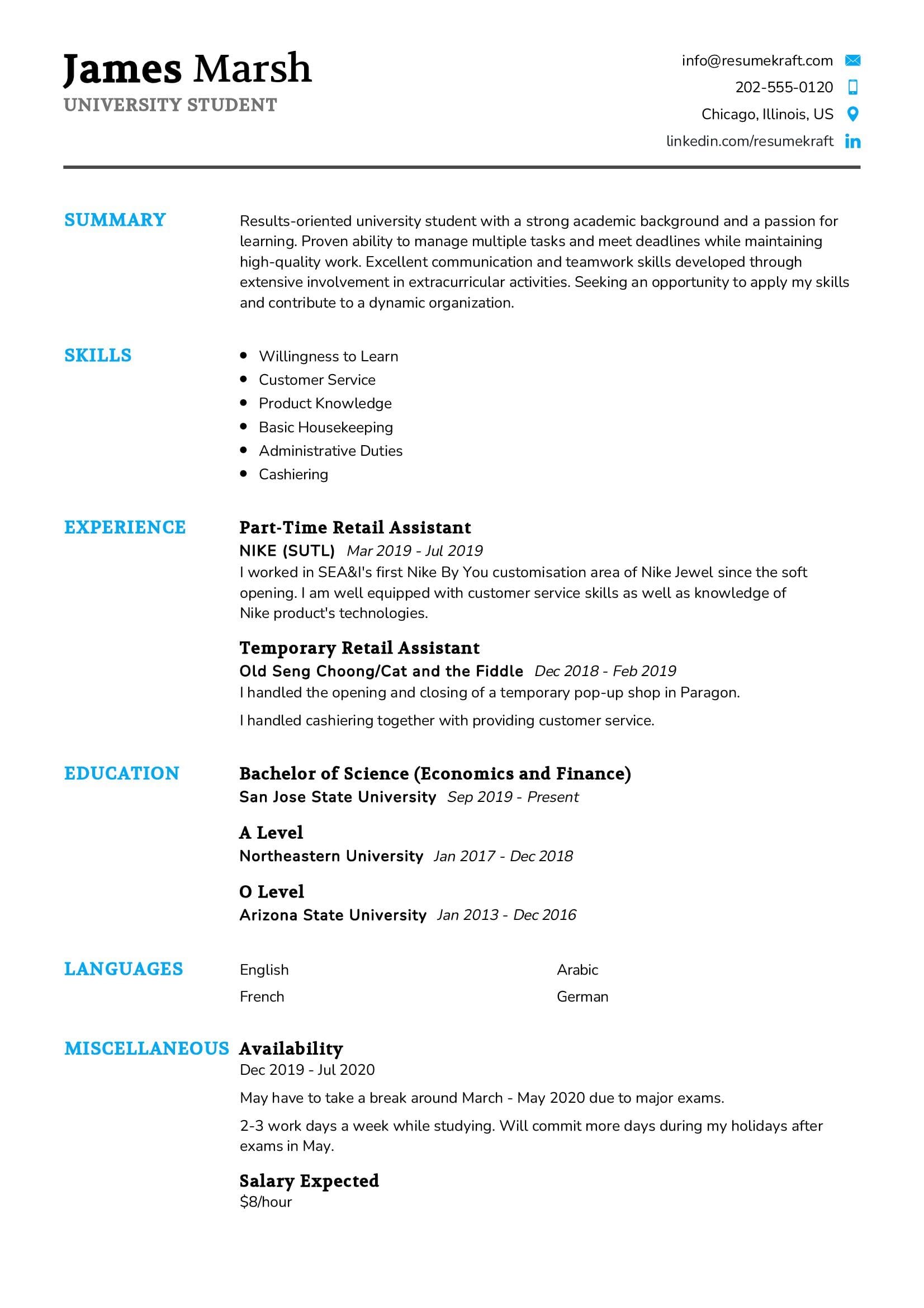 objective in resume for university student