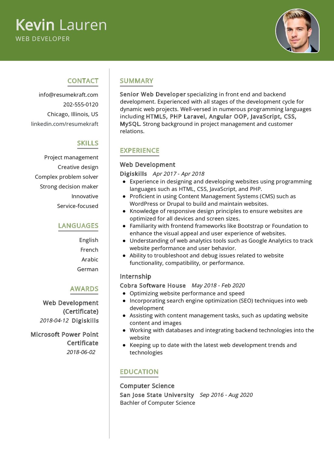 Web Developer CV Example in 2024 - ResumeKraft