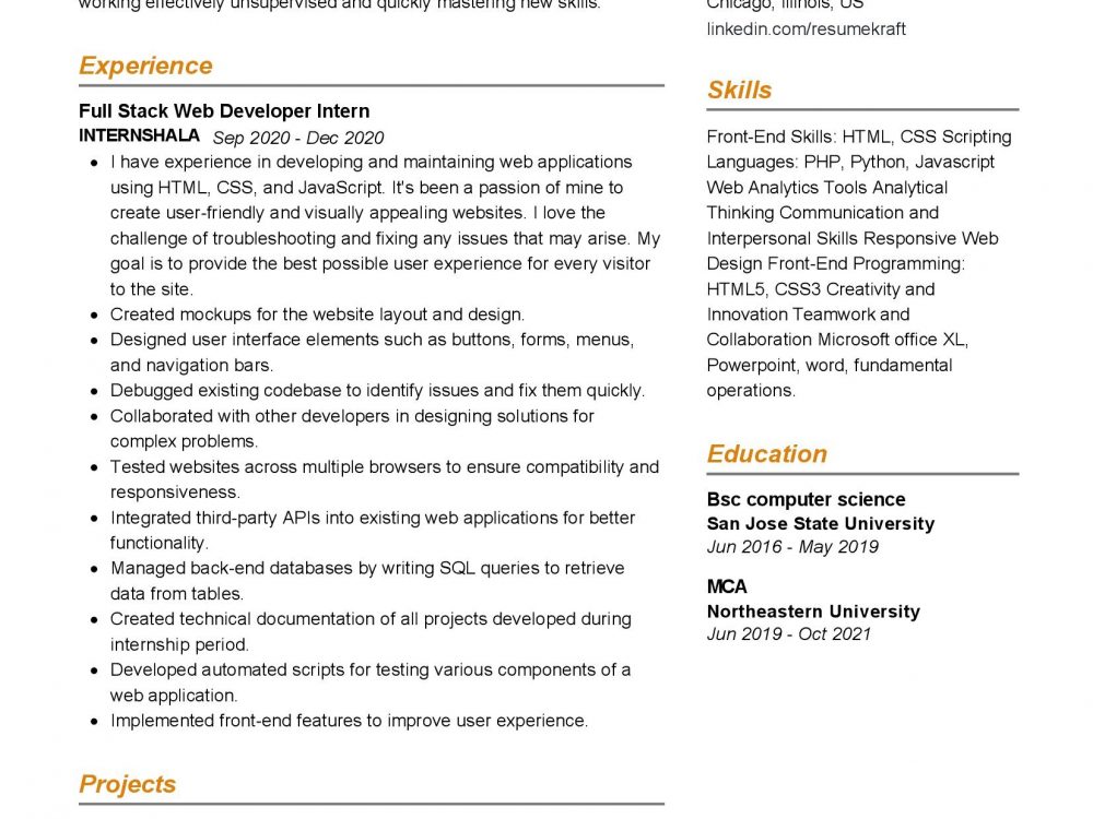 Web Developer Intern Resume Sample