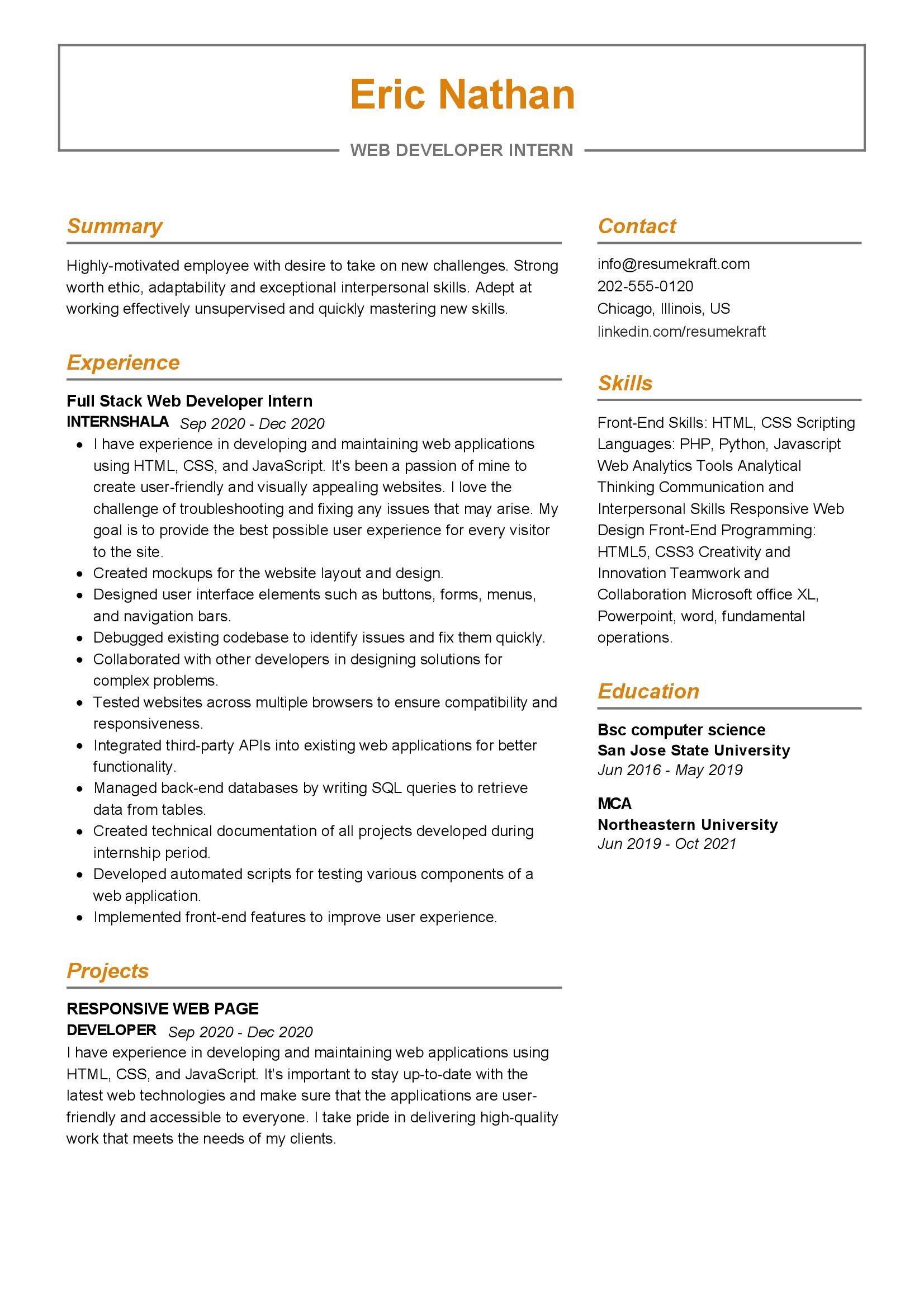 Web Developer Intern Resume Sample in 2024 - ResumeKraft