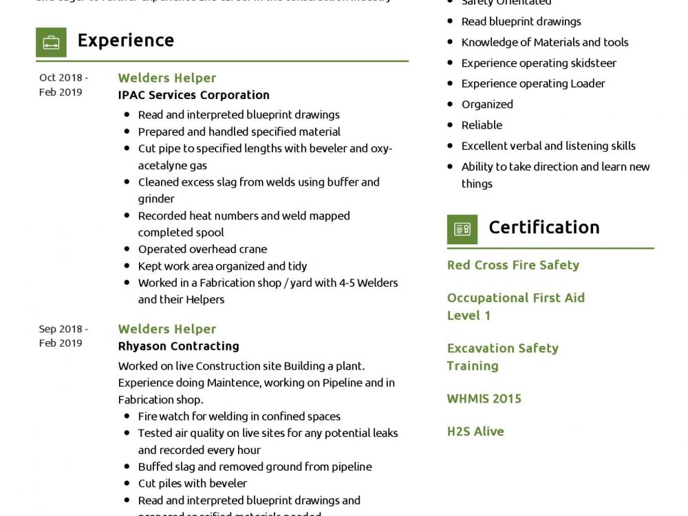 Welders Helper Resume Sample