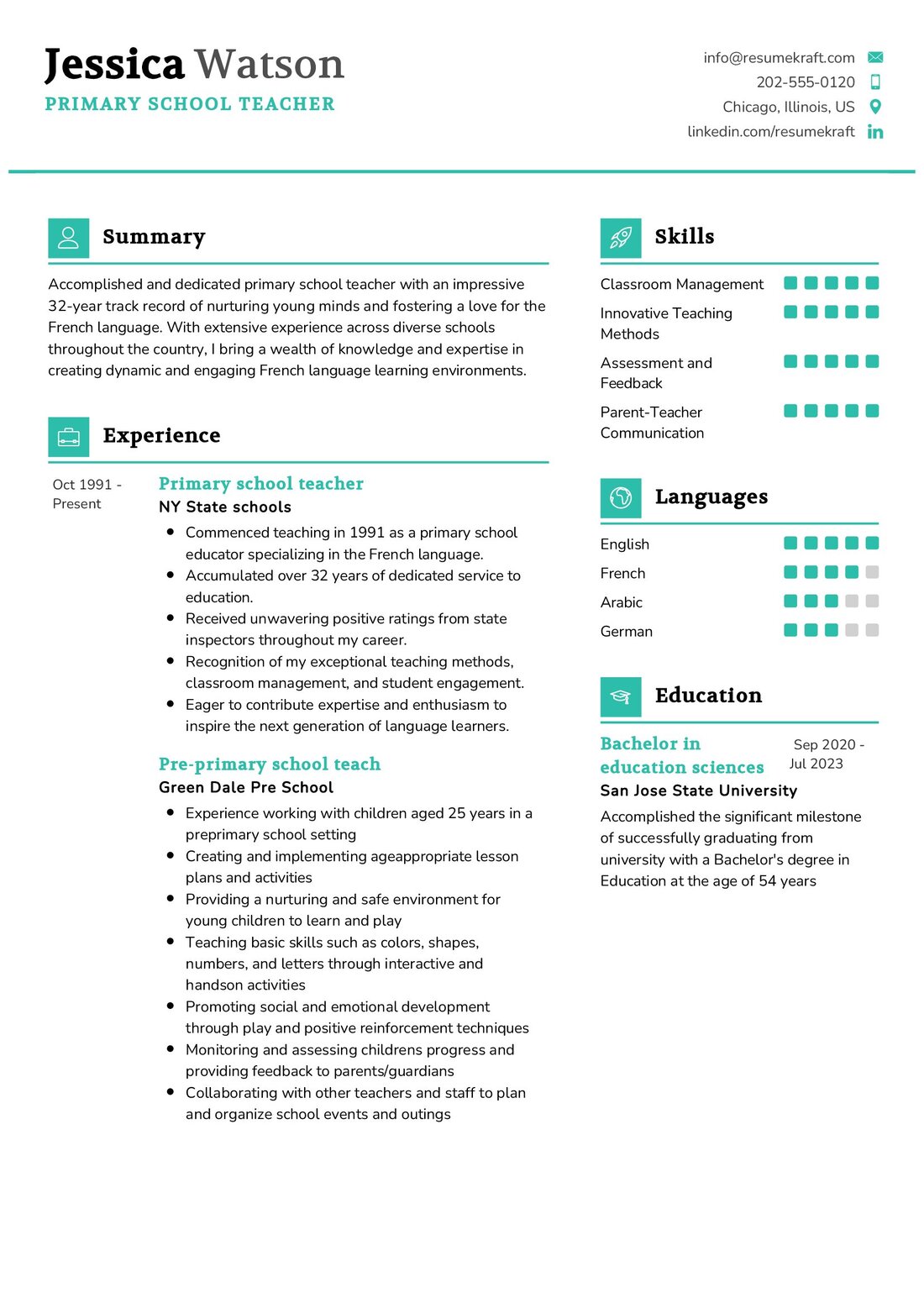 writing a resume for primary school teacher