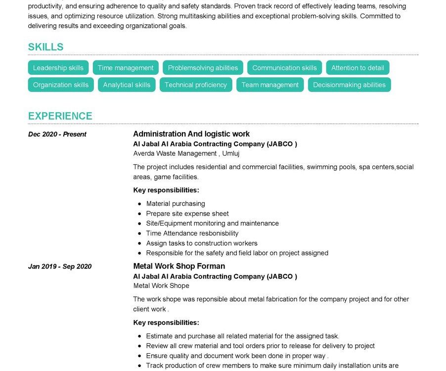 Administration & Logistics Supervisor CV Sample