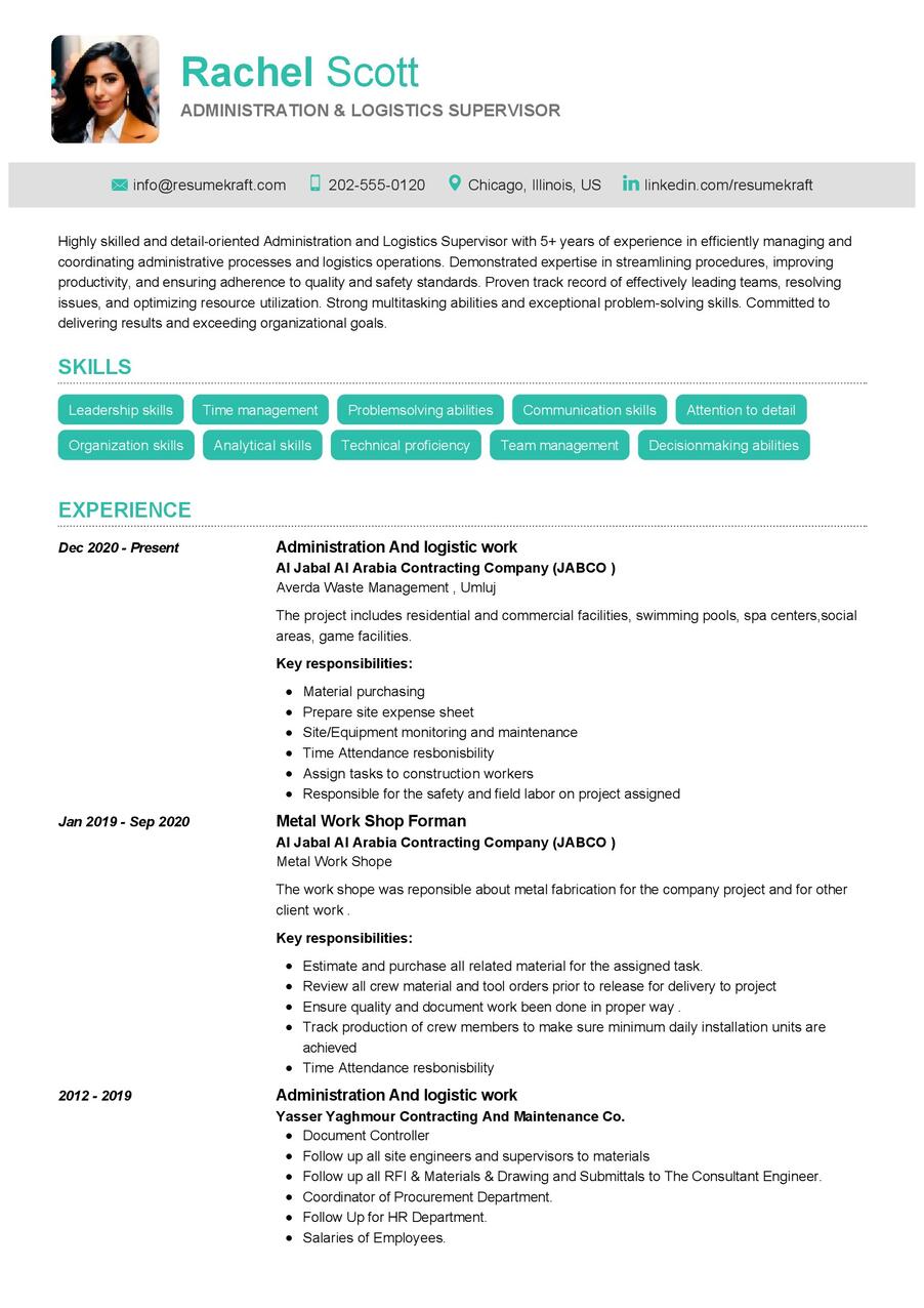 Administration & Logistics Supervisor CV Sample