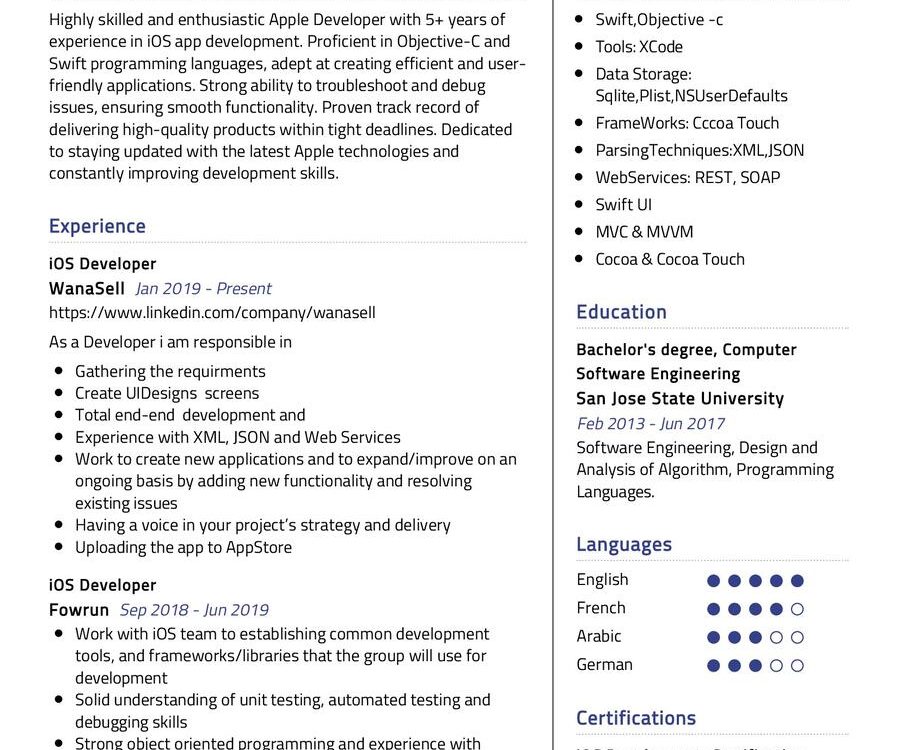 Apple Developer (iOS) CV Sample
