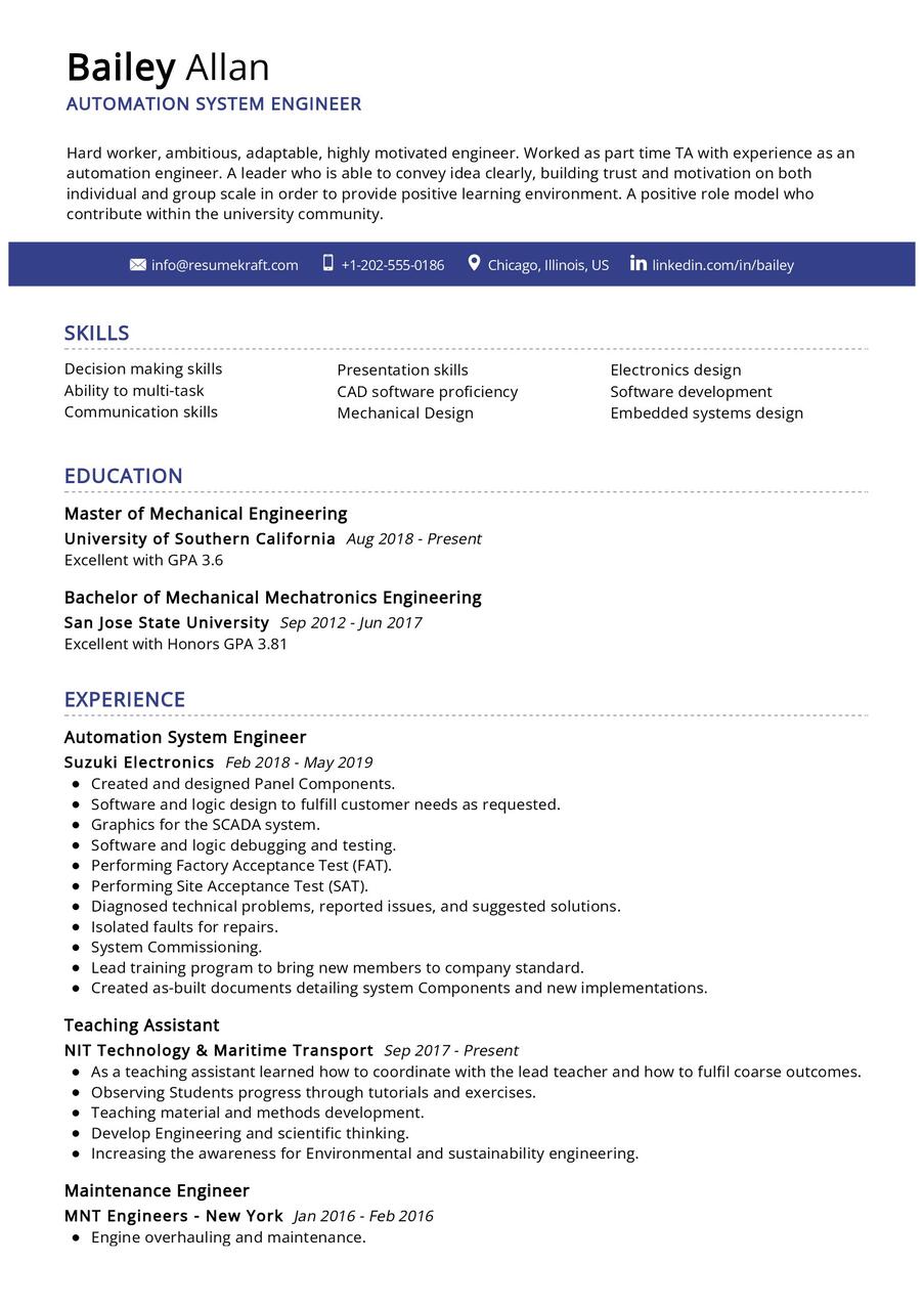 Automation System Engineer CV Example in 2024 - ResumeKraft