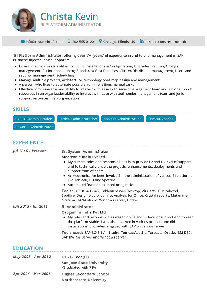 BI Platform Administrator CV Example in 2024 - ResumeKraft