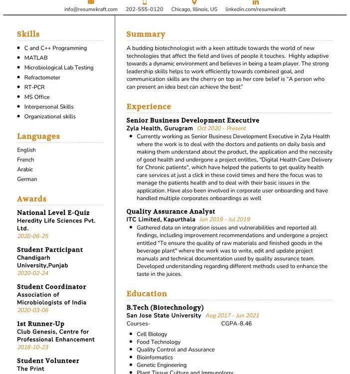 Biotechnologist CV Sample in 2024 - ResumeKraft