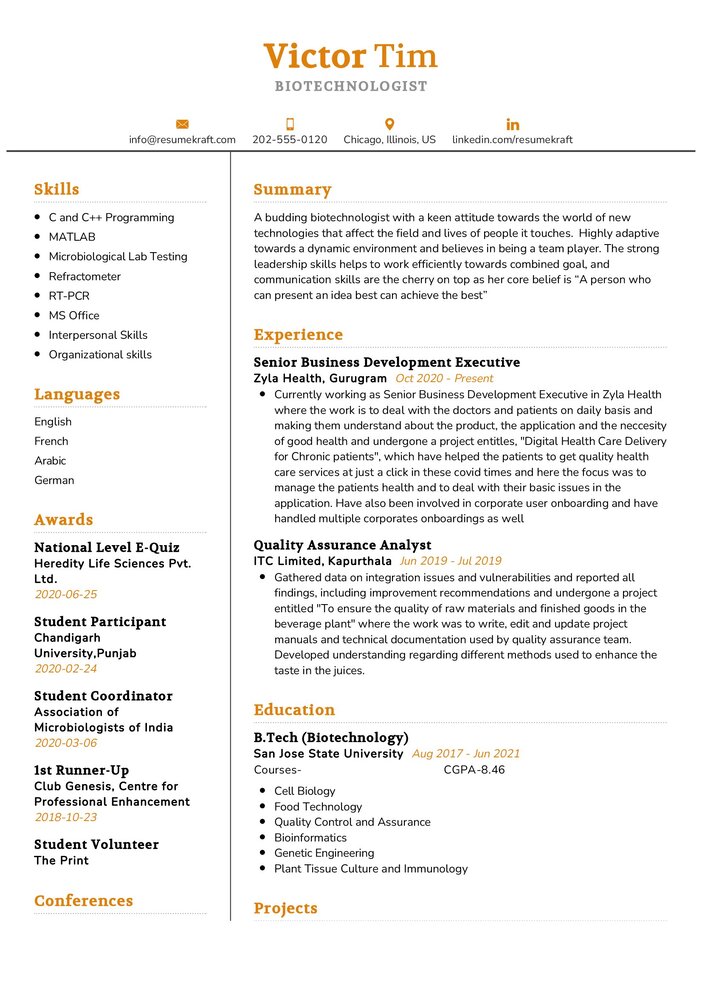 Biotechnologist CV Sample in 2024 - ResumeKraft