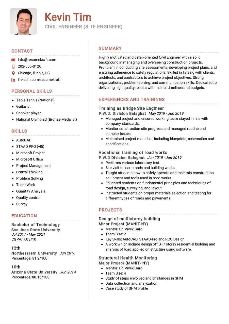 Civil Engineer CV Example in 2024 - ResumeKraft