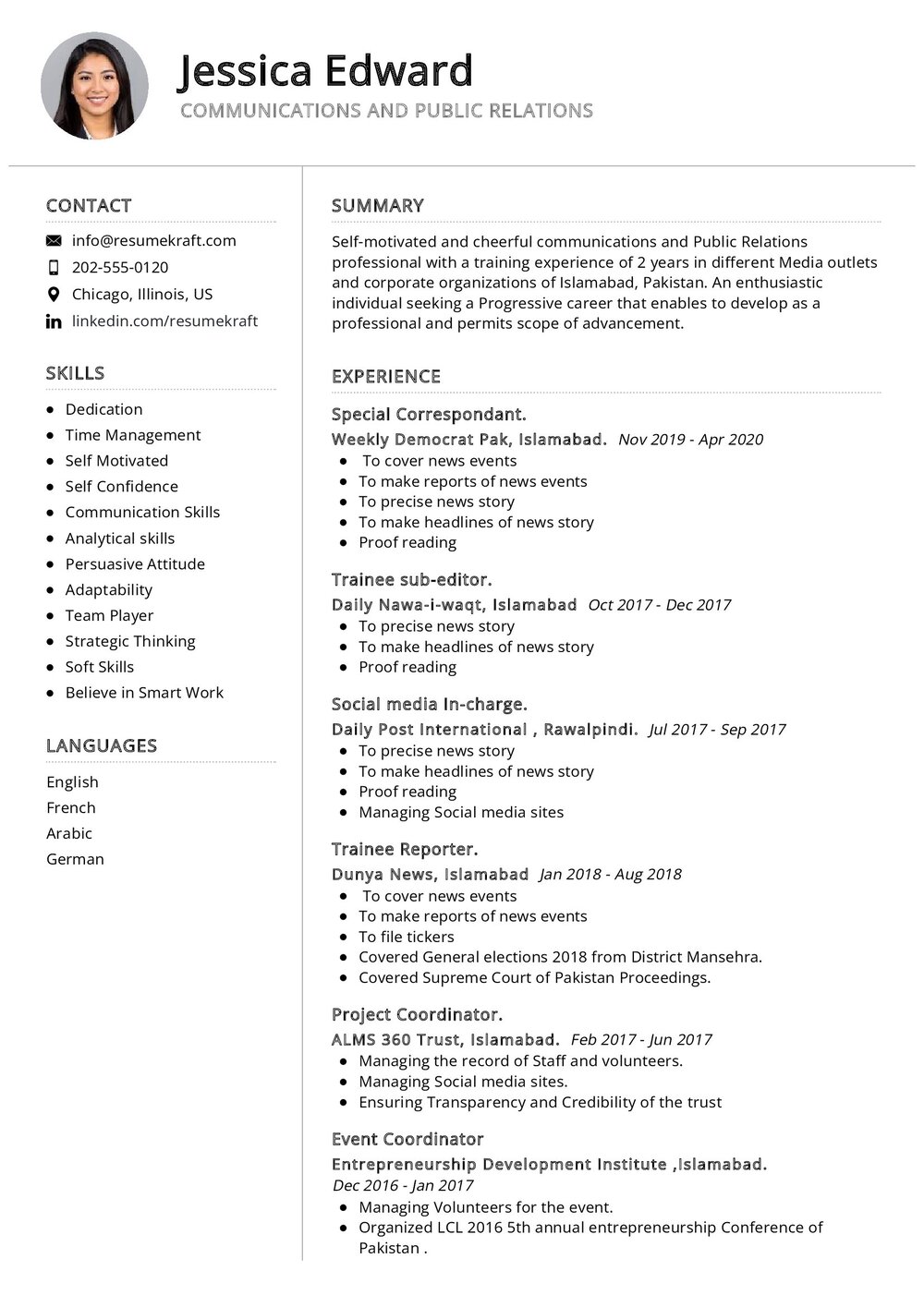 Communications and Public Relations CV Example in 2024 - ResumeKraft