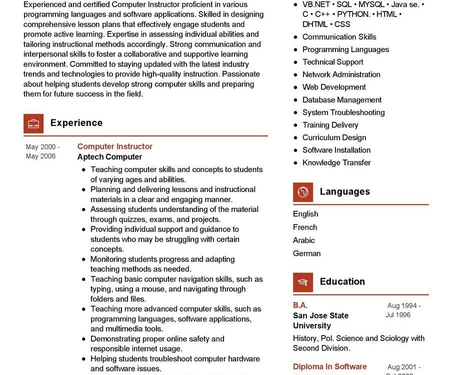 Computer Instructor CV Example