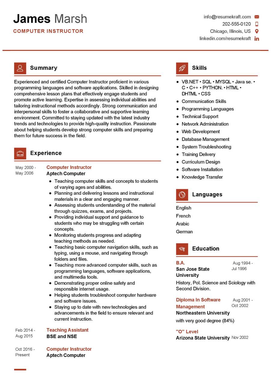 Computer Instructor CV Example in 2024 - ResumeKraft