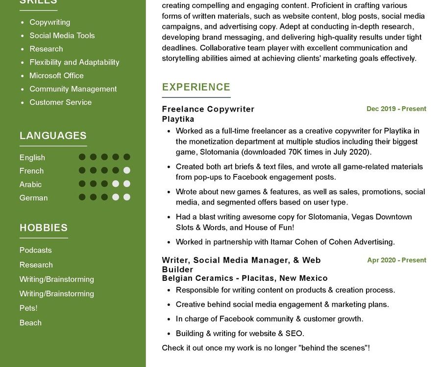 Copywriter CV Sample