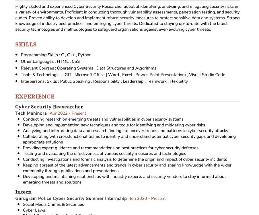 Cyber Security Researcher CV Sample In 2024 - ResumeKraft