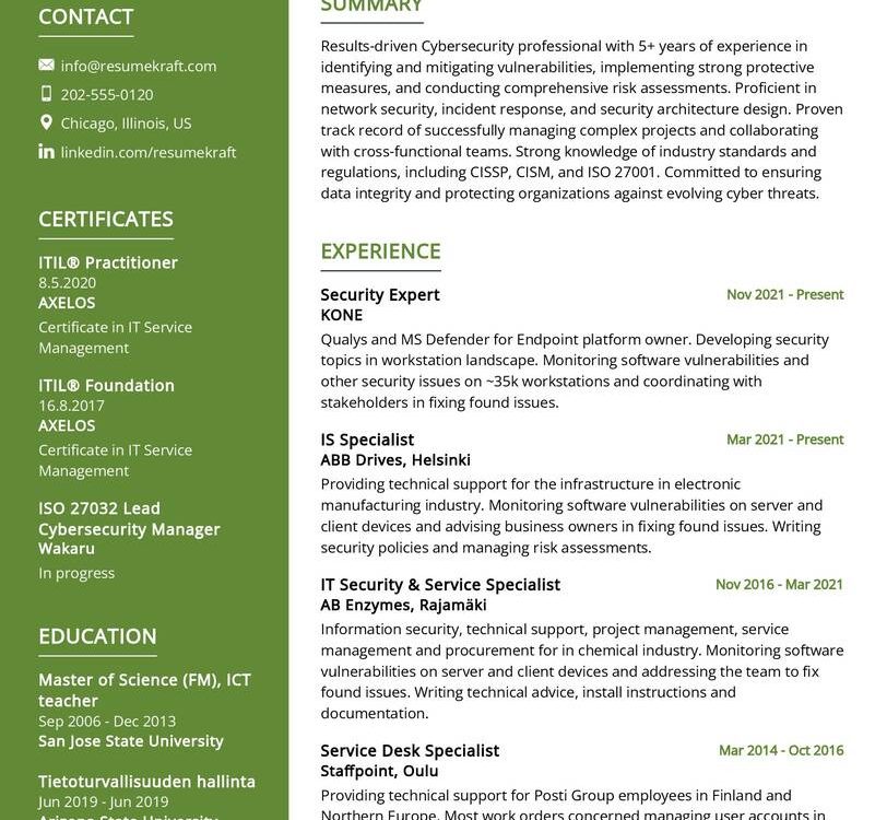 Cybersecurity Cv Sample In Resumekraft