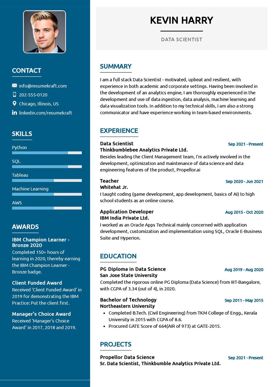 Data Scientist CV Example in 2024 - ResumeKraft