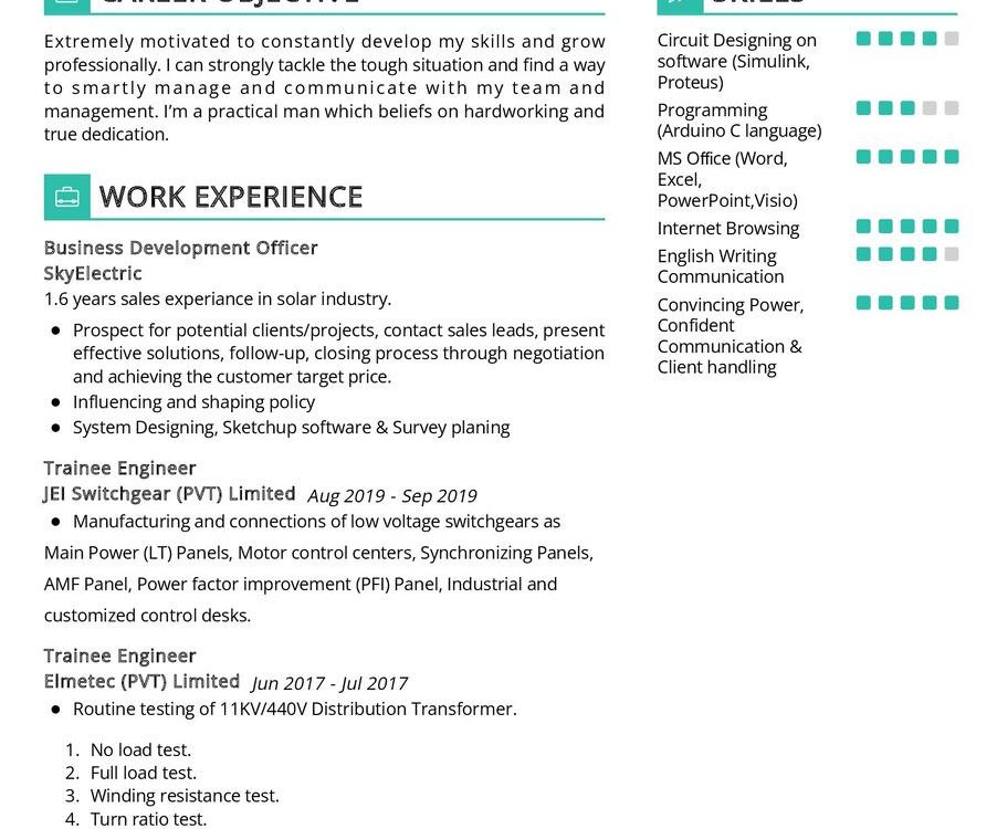 Electrical Engineer Technologist CV Sample