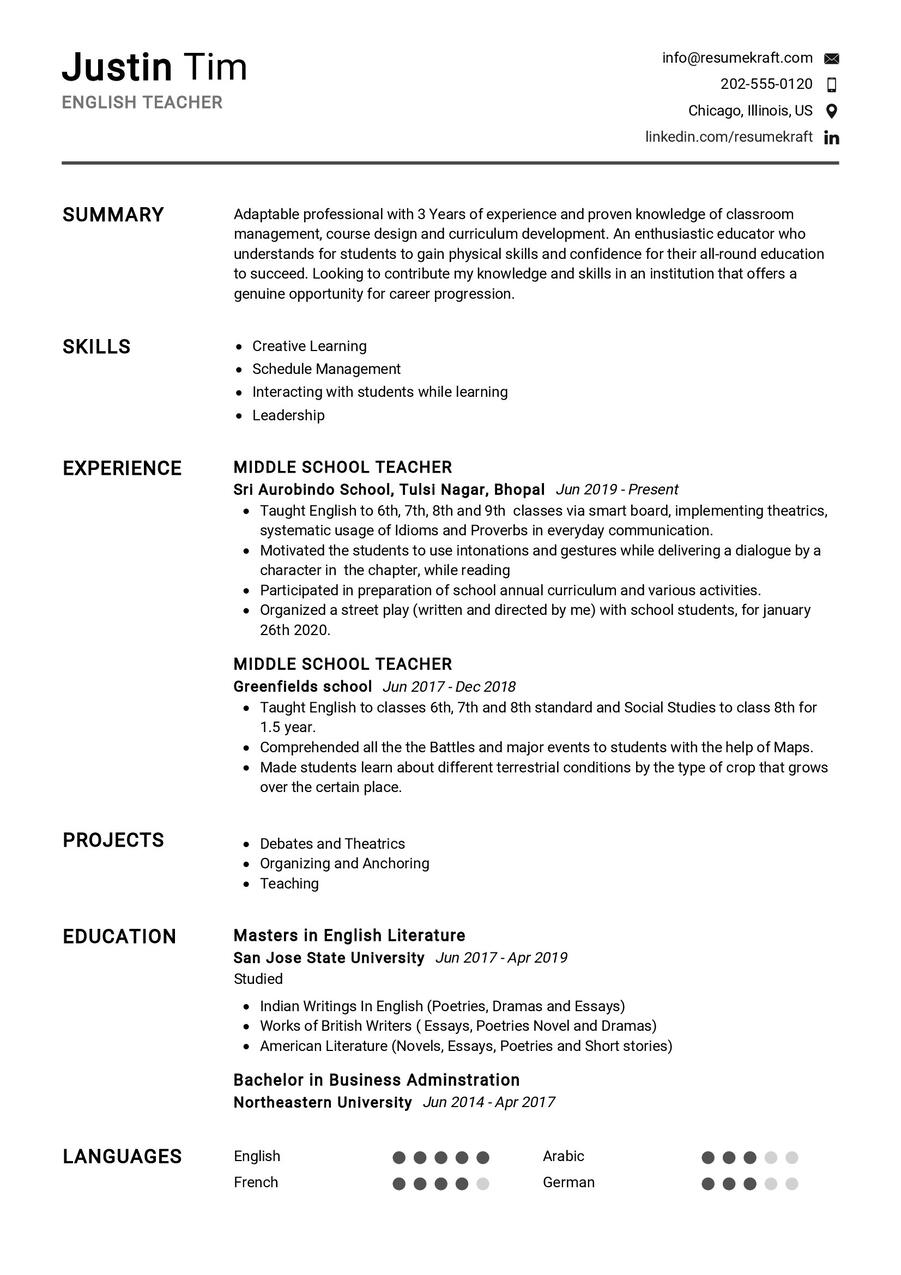 English Teacher CV Sample in 2025 - ResumeKraft