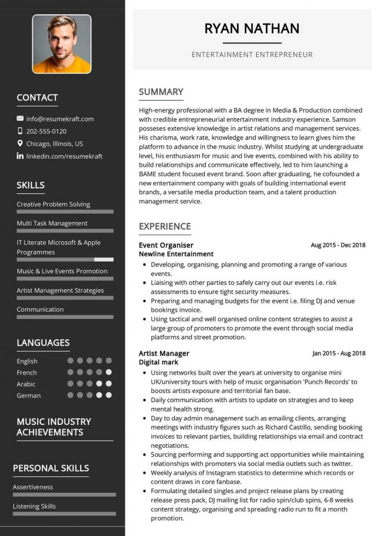 Creative Field Resume Examples - Entertainment Entrepreneur CV Example 768x1087 