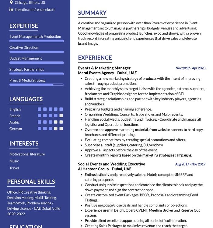 Events and Marketing Manager CV Sample
